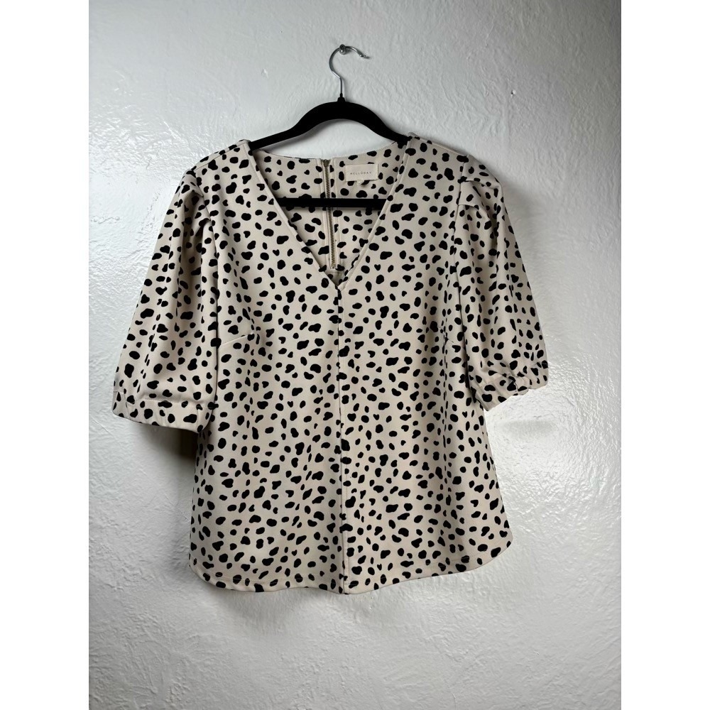 Melloday‎ Blouse Large Cream Black Cheetah Puff Sleeve Mob Wife Office Layer